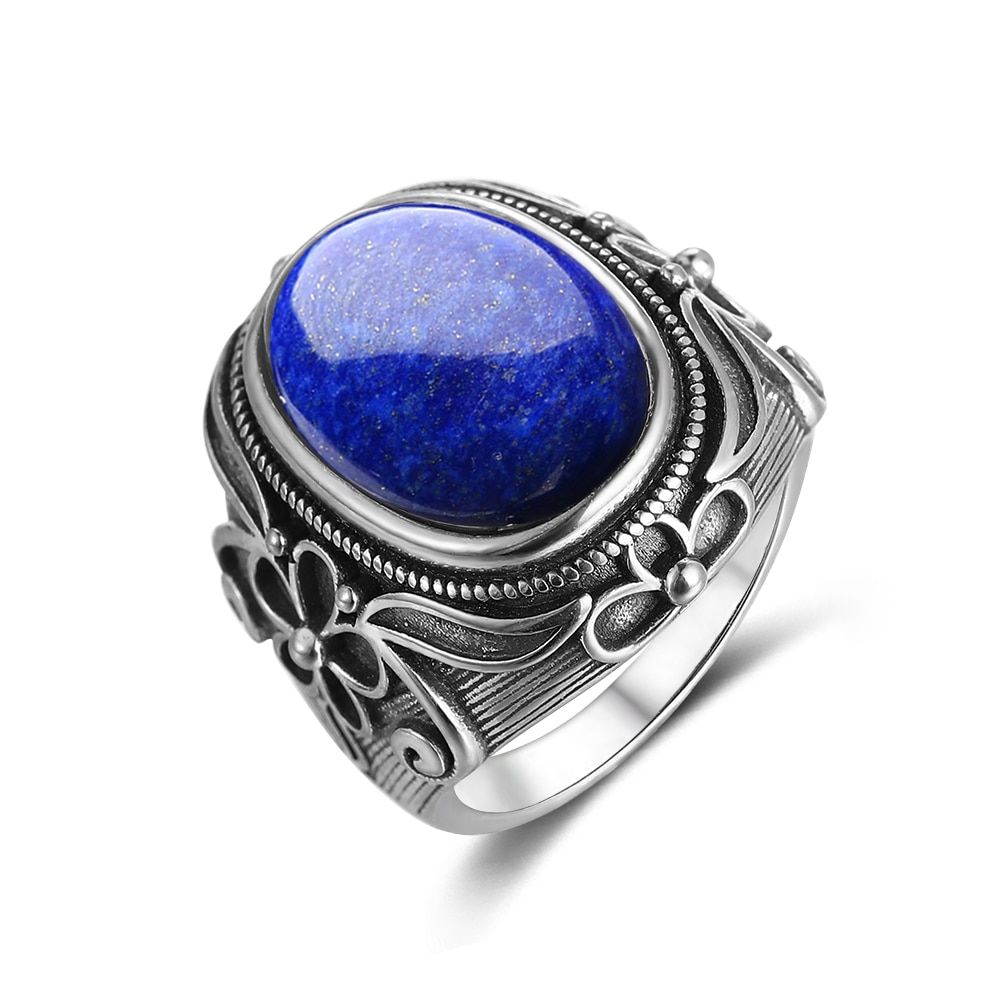 Luxury Vintage Sterling Silver Ring 11x17MM Big Oval Lapis Lazuli Rings For Men Women Fine Jewelry Party Anniversary