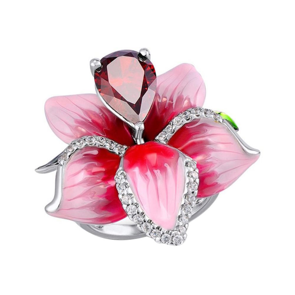 Women Faux Ruby Inlaid Flower Pendant Chain Necklace Earrings Ring Jewelry Gift