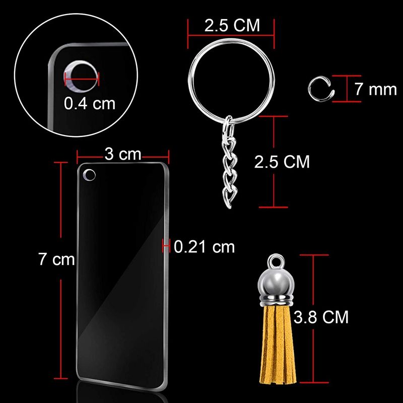 120 PCs Acrylic Keychain Blank Tassel Pendant Set Includes Rectangular Transparent Acrylic Keychain