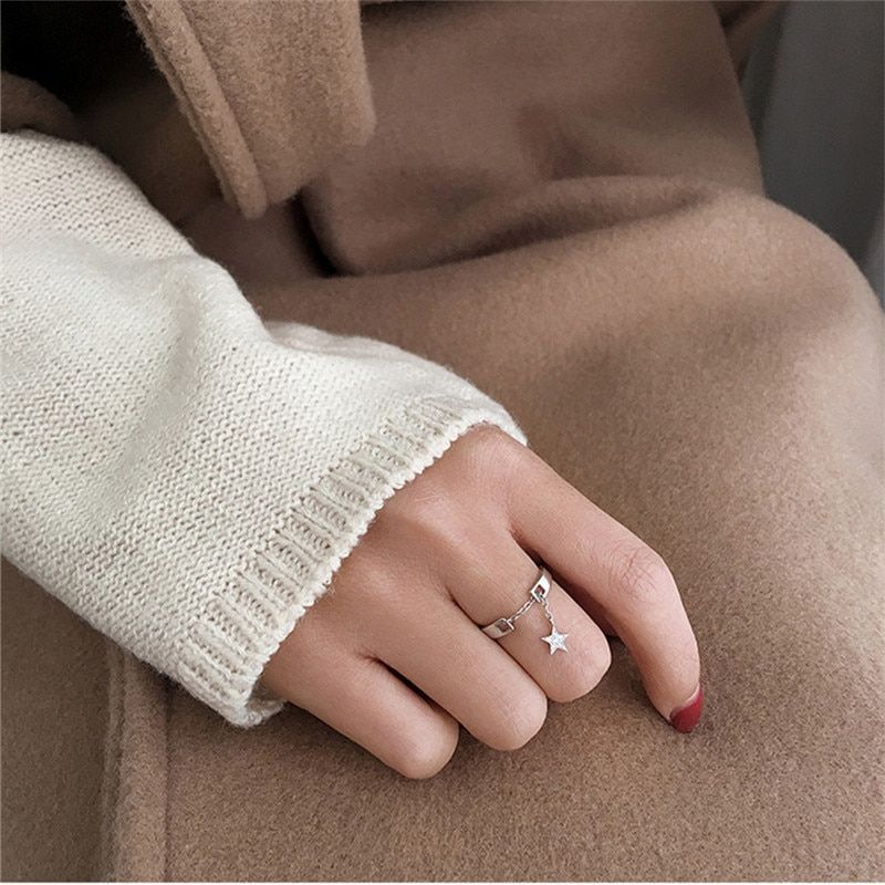 Jewelry Silver Color AAA Cubic Zircon Moon Star Charms Chain Tassel Lady Girls Adjustable Ring Gift