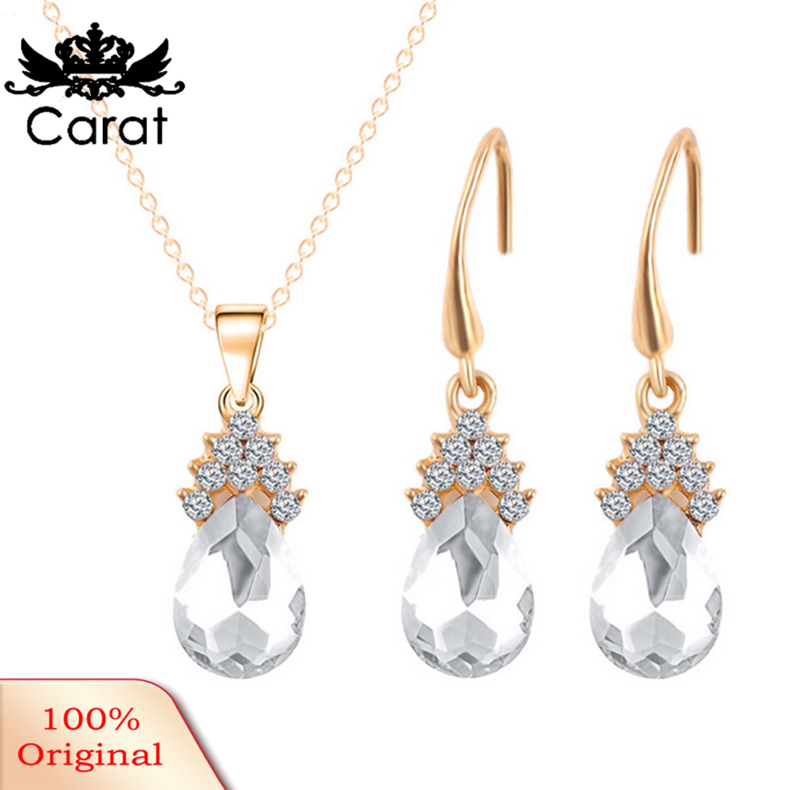 Carat 2Pcs/Set Water Drop Necklace Earrings Set Cubic Zirconia Copper Shiny Bridal Earrings Necklace Set Jewelry Accessory