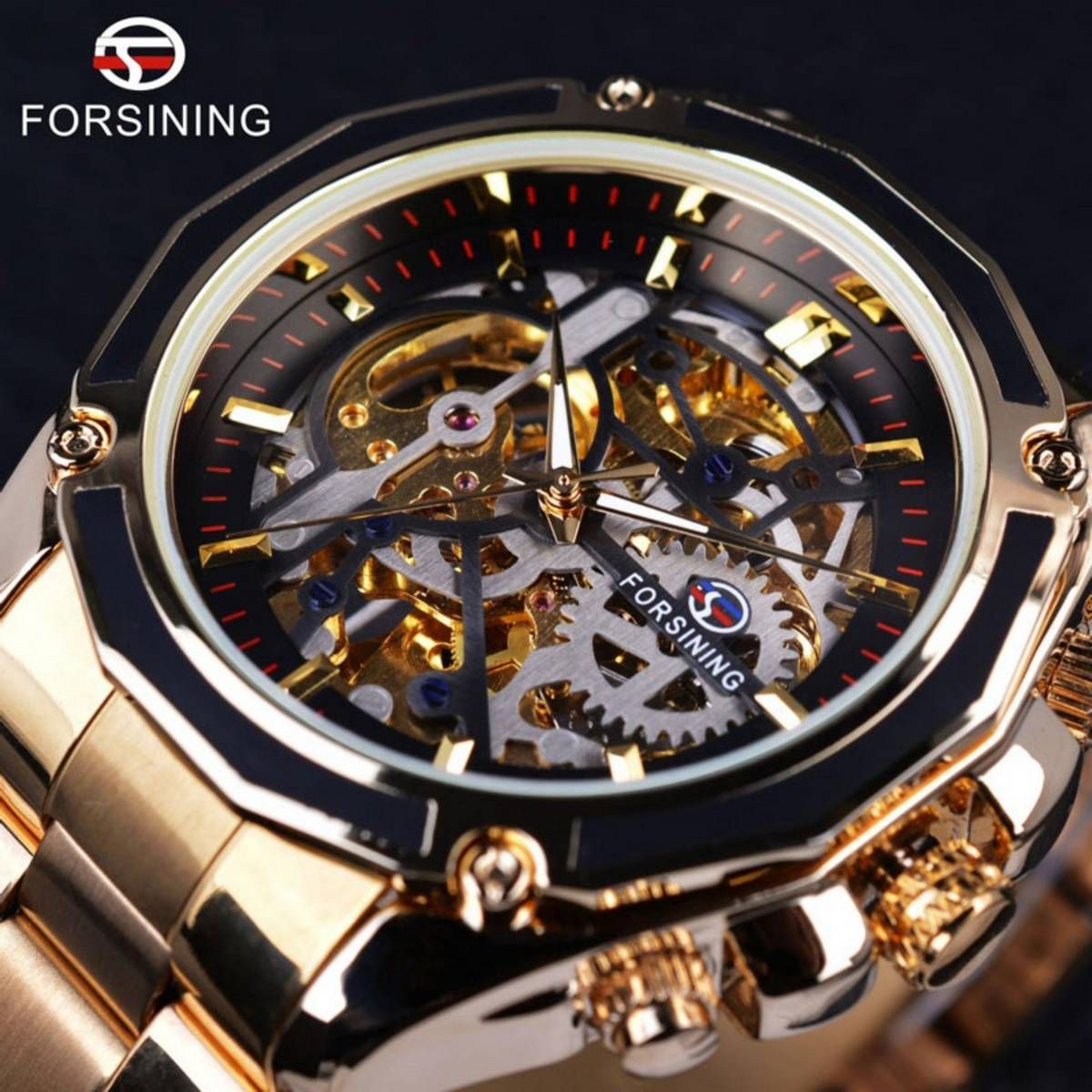 Mens Watch Transparent Case Golden Stainless Steel Skeleton Luxury Design Top Brand Automatic Watch (Silver Black) - intl