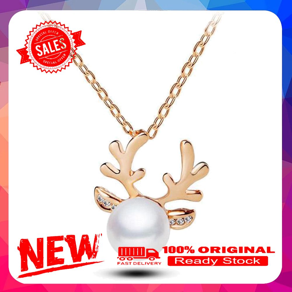 Faux Pearl Inlaid Christmas Deer Antlers Necklace Earrings Women Jewelry Gift
