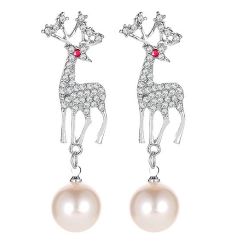 Pearl Earrings for Women Elegant Rhinestone Elk Korean Cute Fawn