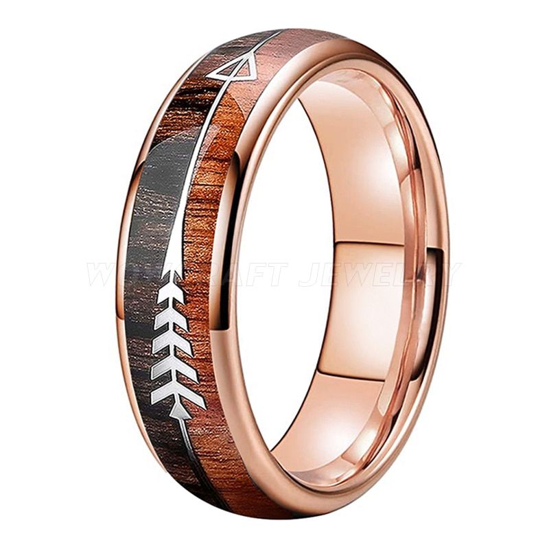 6/8mm Tungsten Carbide Rings for Men Women Wedding Bands Nature Koa Wood Arrow Inlay Free Engraving Comfort Fit