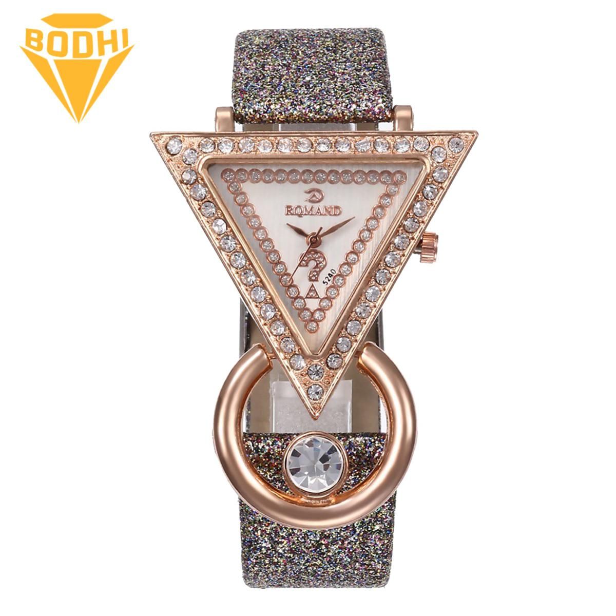 BODHI Rhinestone Triangle Dial Shimmers Faux Leather Band Women Quartz Wrist Watch