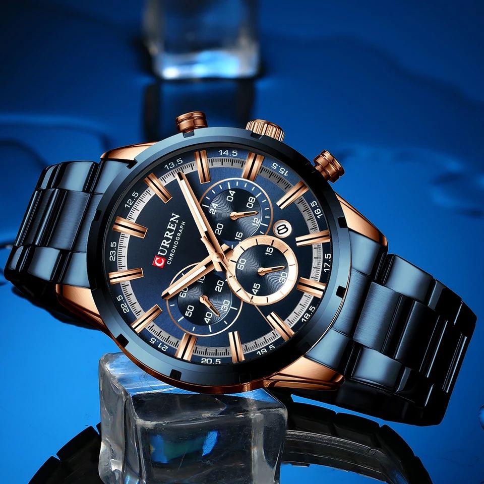 CURREN 8355 Blue Stainless Steel Chronograph Watch For Men - Blue & Rose Gold