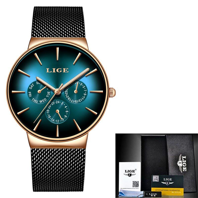 Relogio Masculino  New LIGE Blue Casual Mesh Belt Fashion Quartz Gold Watch Mens Watches Top