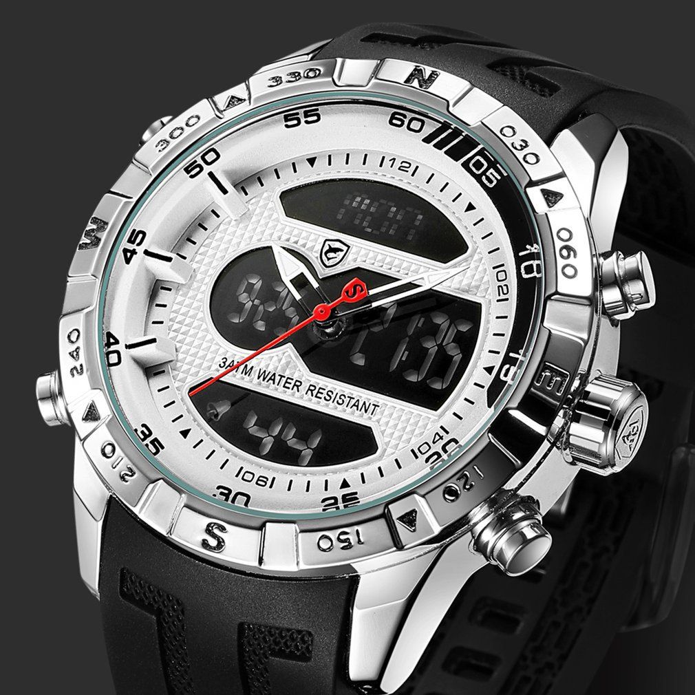 Hooktooth SHARK Sport Watch for Men Double Movement Chronograph Alarm LCD Male Clock 3ATM Water Resistant Black Stopwatch /SH596