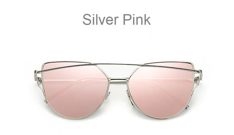 Silver PinkCat eye Sunglasses Women Brand Designer Vintage Metal Reflective Glasses For Women Mirror Retro Oculos De Sol Gafas