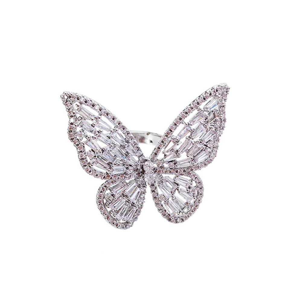 Luxury Crystal Rings Women Open Adjustable Shine Butterfly Rings Temperament Bow Ring Romantic Weddings Party Jewelry