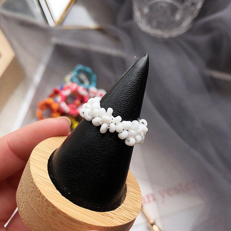 Fashion Trendy Korean  Multi-color Small Flowers Rice Beads Ring Women Girl Jewelry Handmade Knit Style Ring
