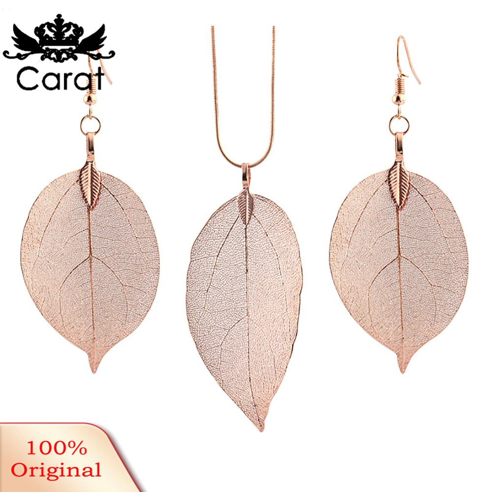 Carat Fashion Women Alloy Leaf Pendant Chain Necklace Dangle Hook Earrings Jewelry Set