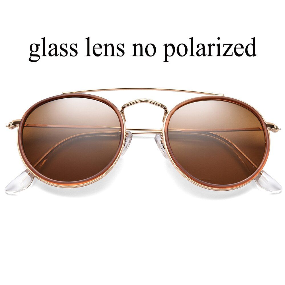 brown glassvintage round double bridge sunglasses women men 51mm crystal glass mirrored and plastic polarized lens UV400