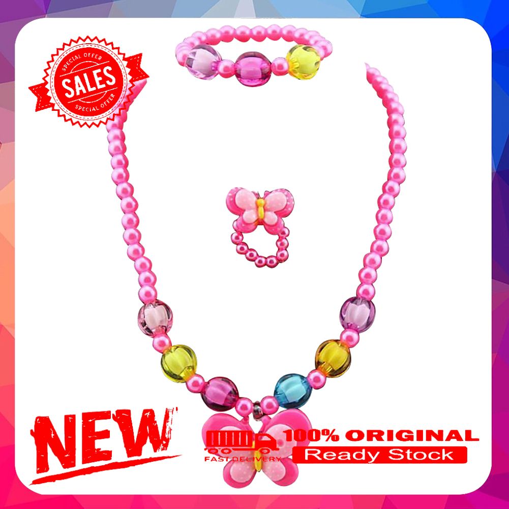3Pcs Girls Yellow Duck Butterfly Candy Bead Ring Necklace Bracelet Jewelry Set