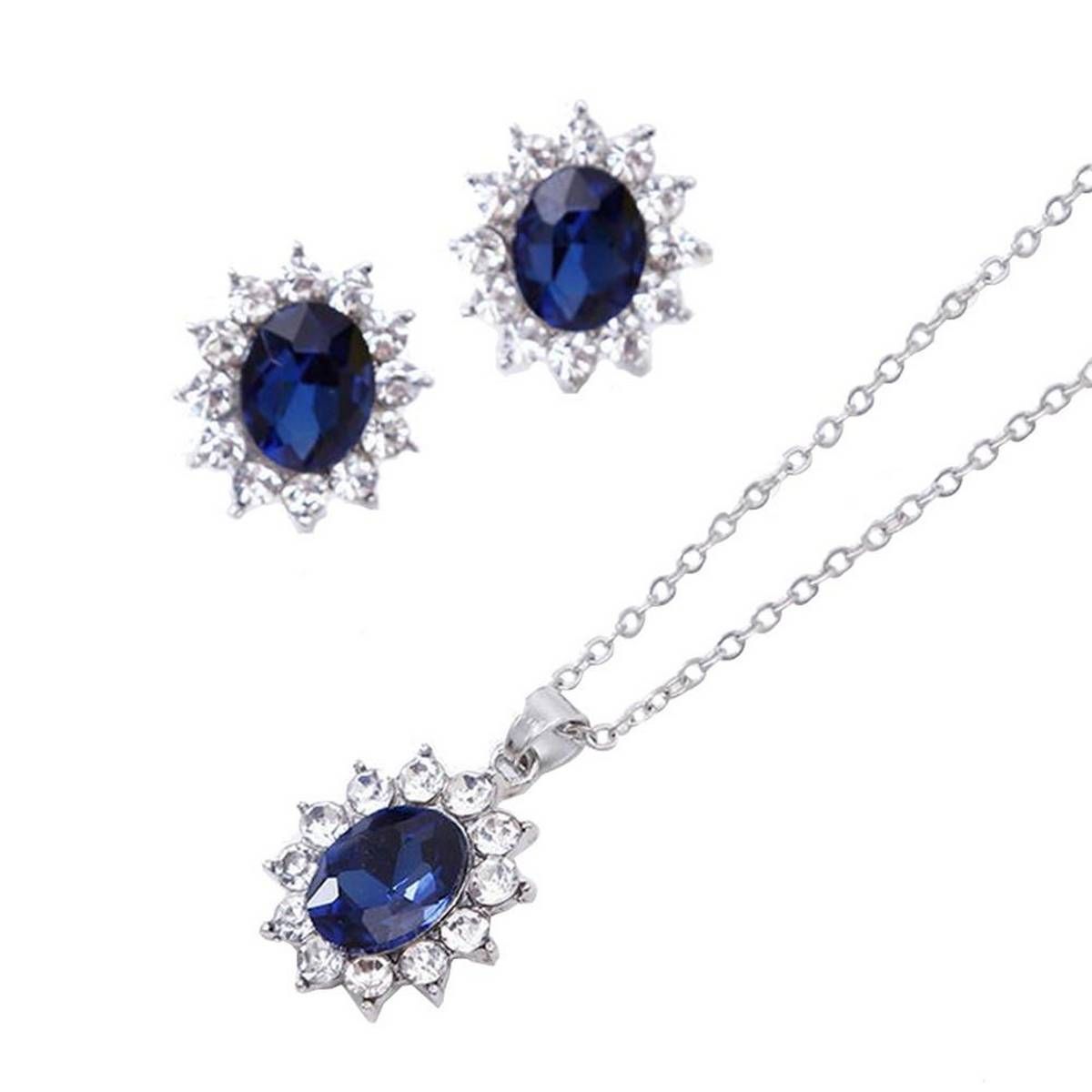 Sapphire Rhinestone Pendant Necklace Earrings Women Jewelry Set Gift
