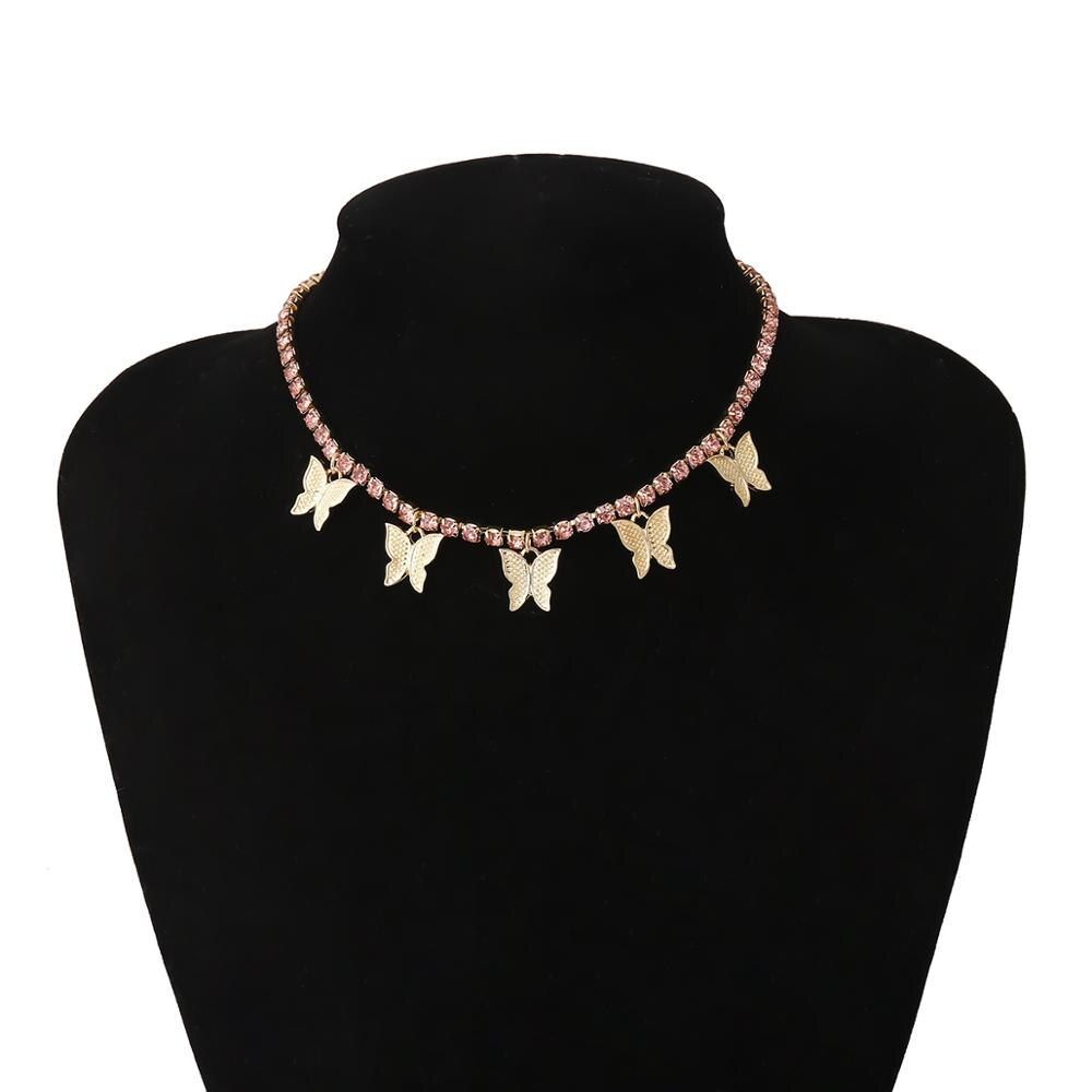 KMVEXO 2020 New Luxury Pink Crystal Butterfly Pendant Necklace for Women Fashion Rhinestone Animal Chokers Wedding Party Jewelry