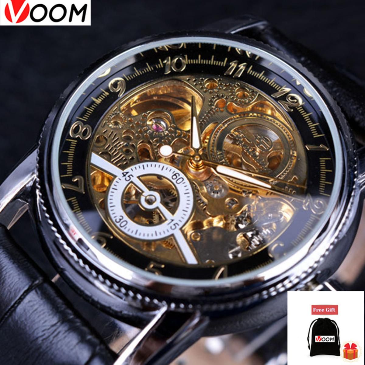 VOOM Mens Watches Luxury Mechanical Watch 3D Hollow Engraving Case Sport Leather Watches