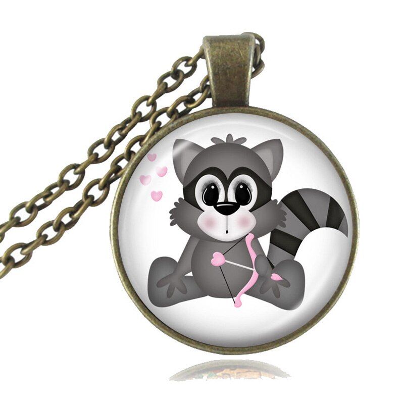 Raccoon Photo Logo Pendant North America Animal Wildlife Accessory Glass dome Necklace Round Bronze Chain Sweater Necklace HZ1