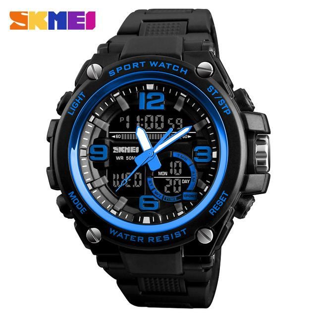 SKMEI men's fashion brand, men's sports watch, LED digital dual display, 50 meters waterproof watch, men's quartz electronic watch, multi-function date alarm men's sports watch