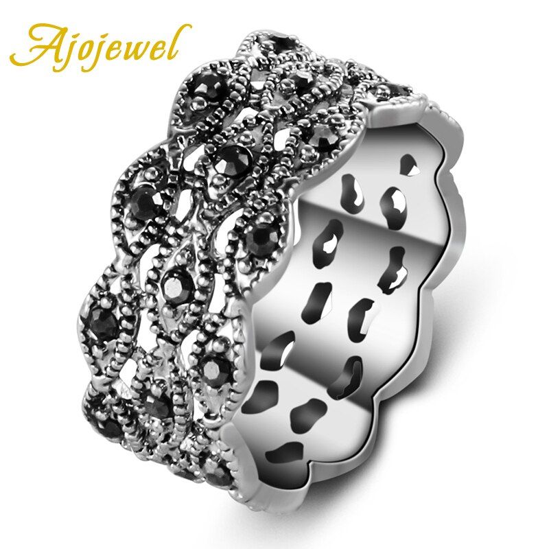 Ajojewel Brand Simple Retro Ring Finger Size 7-9 Vintage Women Jewelry With Black Rhinestones AnniversaryBague Bijouterie