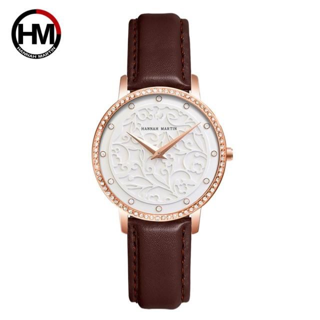 Women Rhinestones Watches Fashion White Flower 3D Engraving Dial Face Japan Mov't Waterproof Top Luxury Brand Ladies Watches