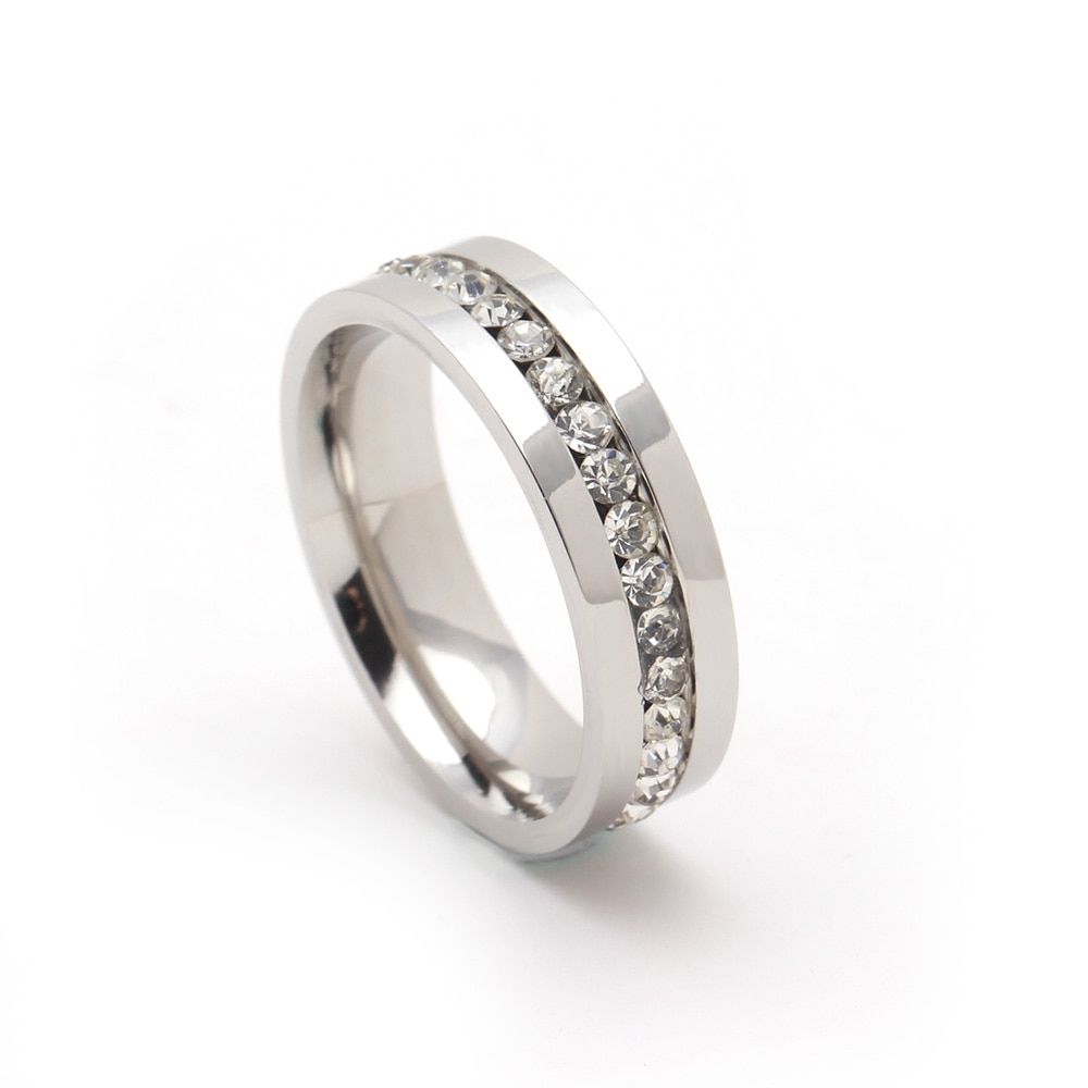 classic romantic top Brand Design 6mm 316L Stainless Steel Rings For Woman wedding with white clear crystal bands Jewelry Rings