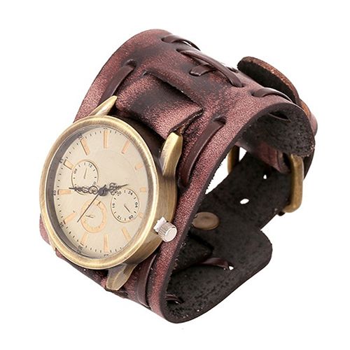 Vintage Faux Leather Quartz Analog Wristband Casual Men's Bracelet Wrist Watch