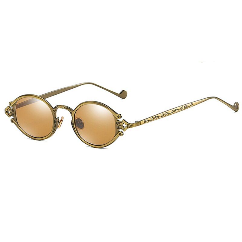 Brown TeaLuxury Black Metal Brand Designer Sunglasses Mens Womens Oval Round Gothic Sunglasses Retro Vintage Steam Punk Sunglasses Carved