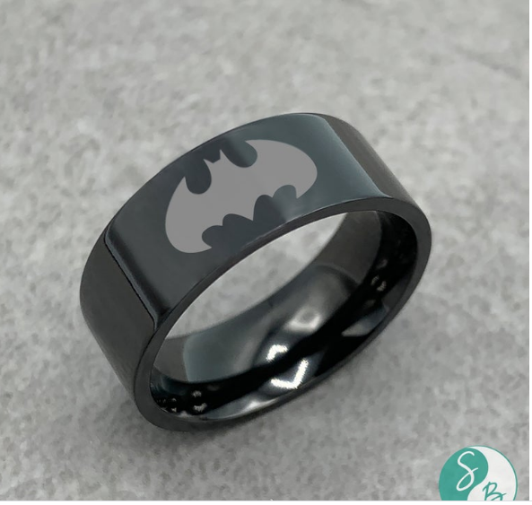 Batman Engraved Black Polished Titanium Ring Band with Flat Profile - 8 mm