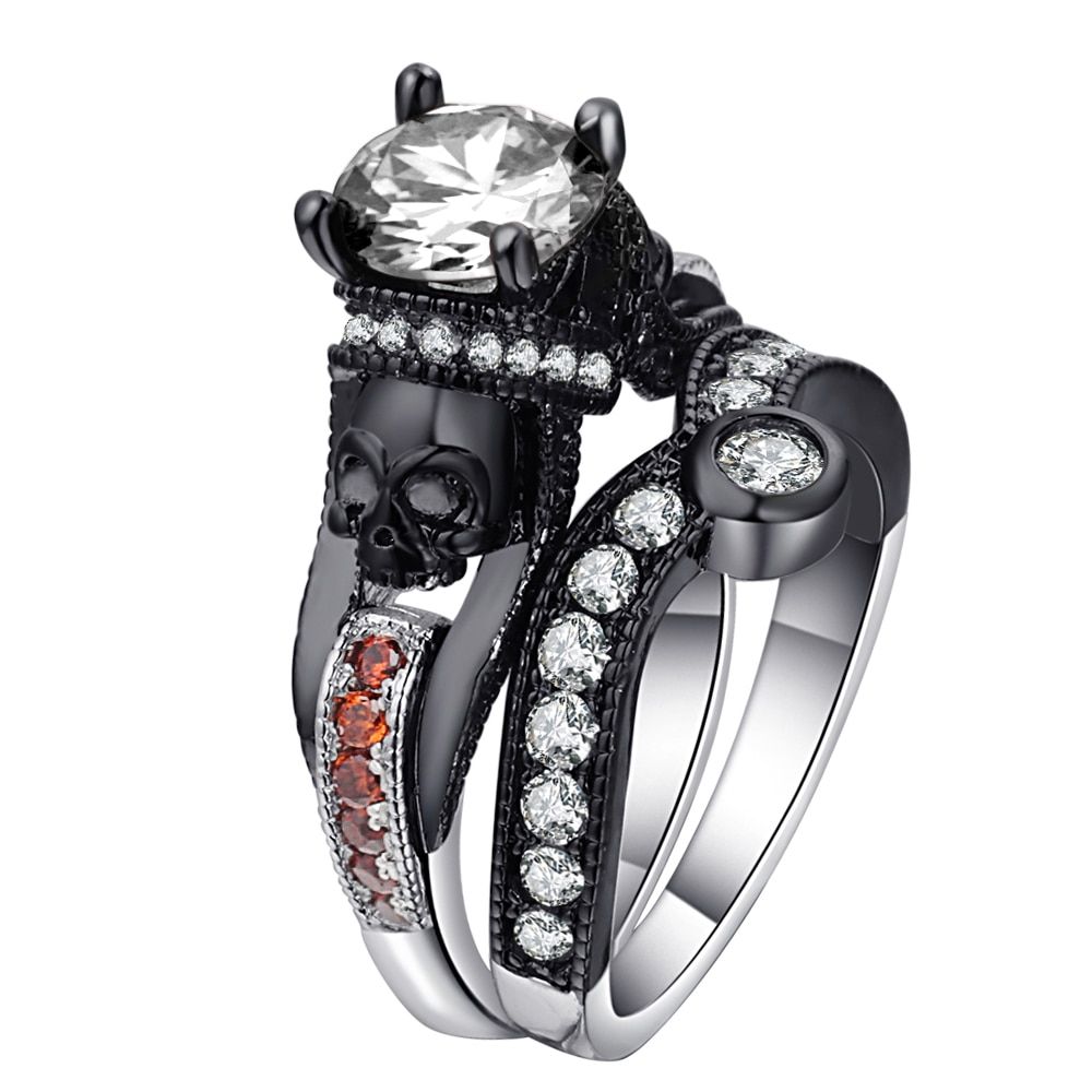 Hainon Black Skull Ring Set Silver Color Fashion Wedding & Engagement CZ Crystal Ring Set Jewelry For Women
