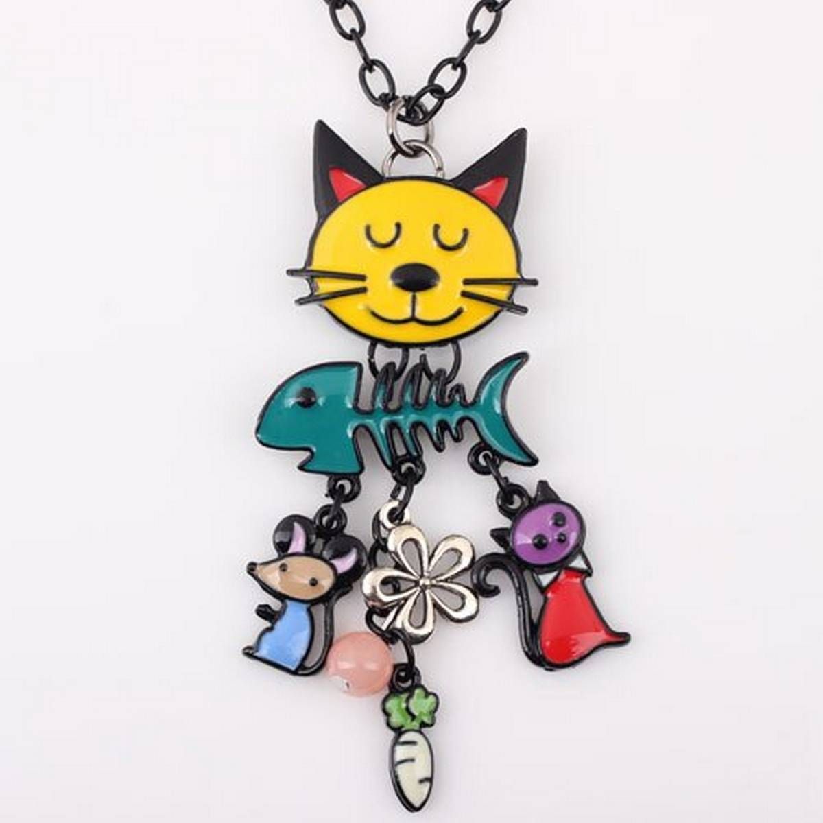Bonsny Long Chain 2016 Colorful French Cat Necklace Enamel Pendant Fish Alloy Charm Brand Jewelry For Women Girl New Animal