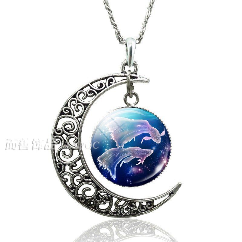 12 Zodiac Constellations Signs Glass Dome Crescent Moon Necklace Fashion Jewelry for Women Aries Gemini Cancer Leo Birthday Gift