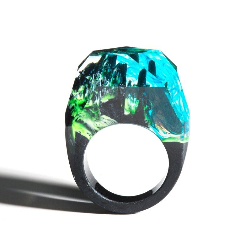 Epoxy Resin Magic Wooden Rings For Women Flowers Wooden Ring Jewelry Fashion Natural Landscape Wood Rectangle Ring Gifts