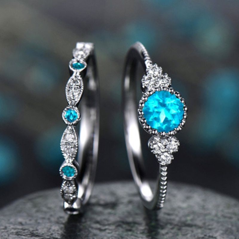 Silver Color Women Wedding Ring Set Sparkling Perfect Blue Round Cut Zircon Stone Rings Female Party Engagement Fine Jewelry