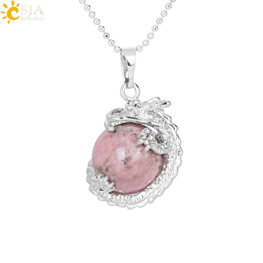 CSJA Dragon Wrapped Natural Stone Pendant Necklace for DIY Handmade Necklaces Round Ball Shape Crystal Bead Women Men F331