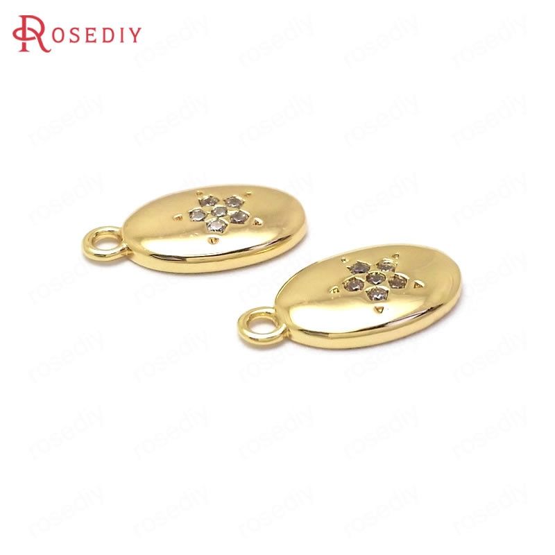 (37165)4PCS 12x6MM 24K Gold Color Brass and Zircon with Star Oval Shape Charms Pendants Jewelry Making Supplies Diy Accessories