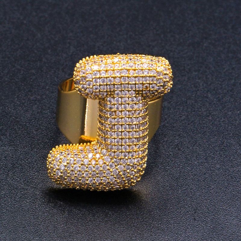 Hip Hop AAA Cubic Zirconia Paved Bling Iced Out Bubble Letter Ring Bling CZ Rings for Men Club Rapper Jewelry Gold Color