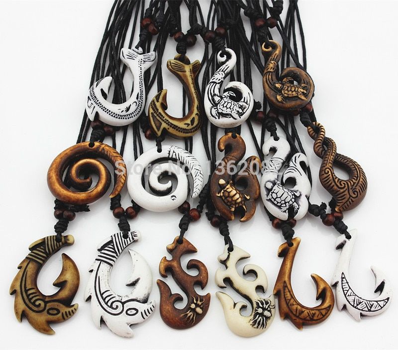 Wholesale lot 15pcs Mixed Hawaiian Jewelry Imitation Bone Carved NZ Maori Fish Hook Pendant Necklace Choker Amulet Gift MN542