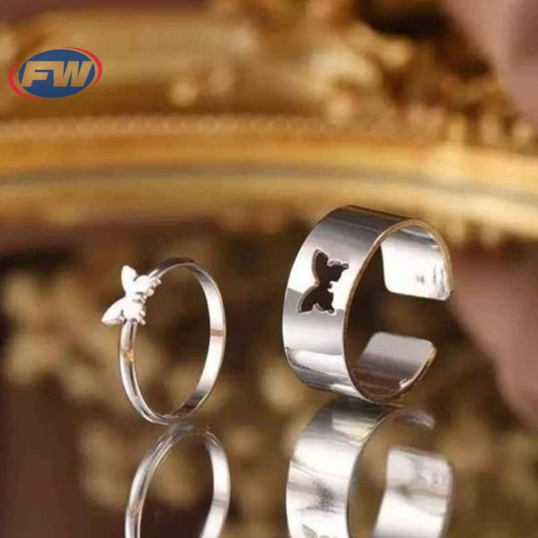 Sdeer 2Pcs/Set Simple Aolly Heart Moon Shape Dolphin Open Rings Set Butterfly Couple Rings Bow Fashion Jewelry -  Ring For Girls