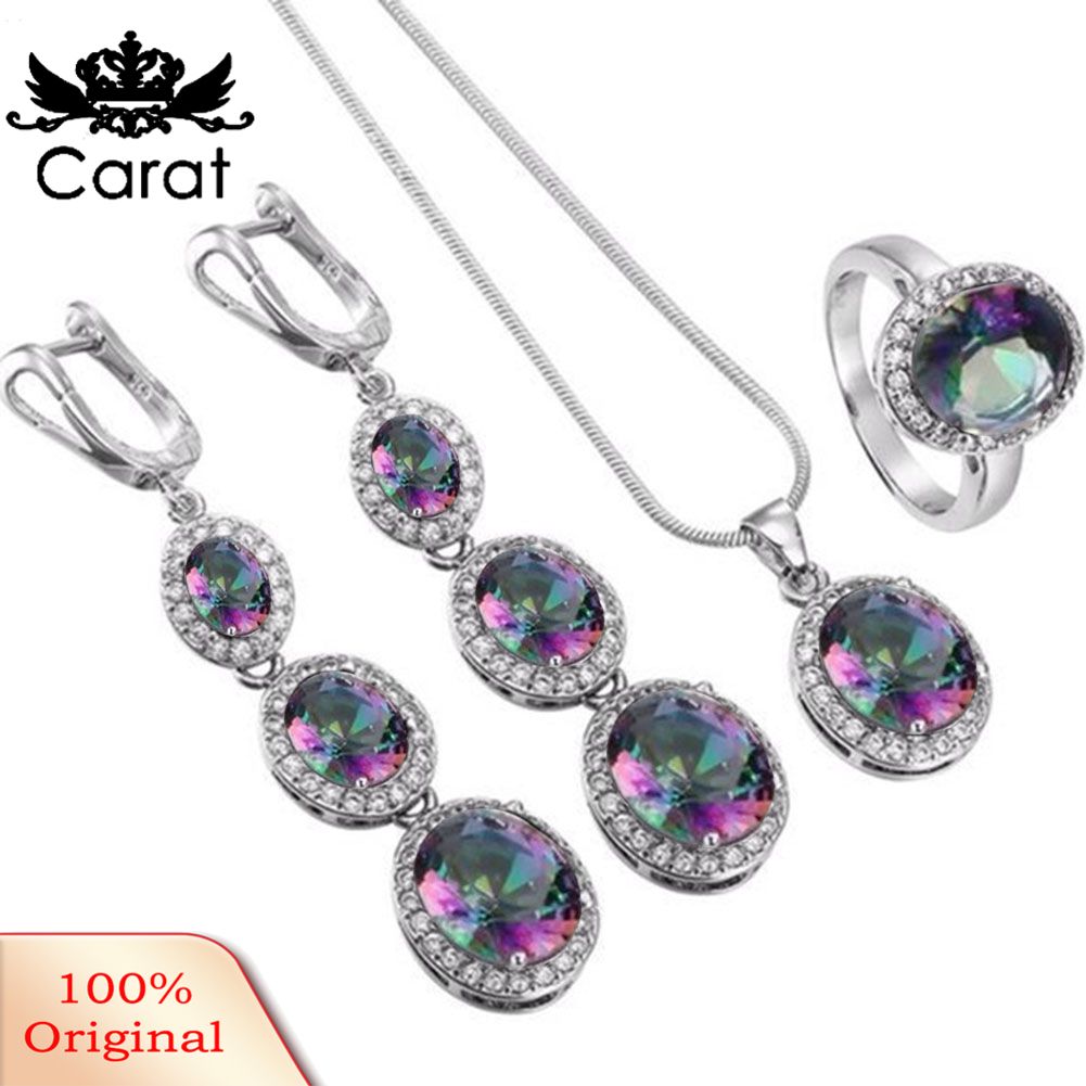 Carat Elegant Women Round Rhinestone Pendant Chain Necklace Earrings Ring Jewelry Set