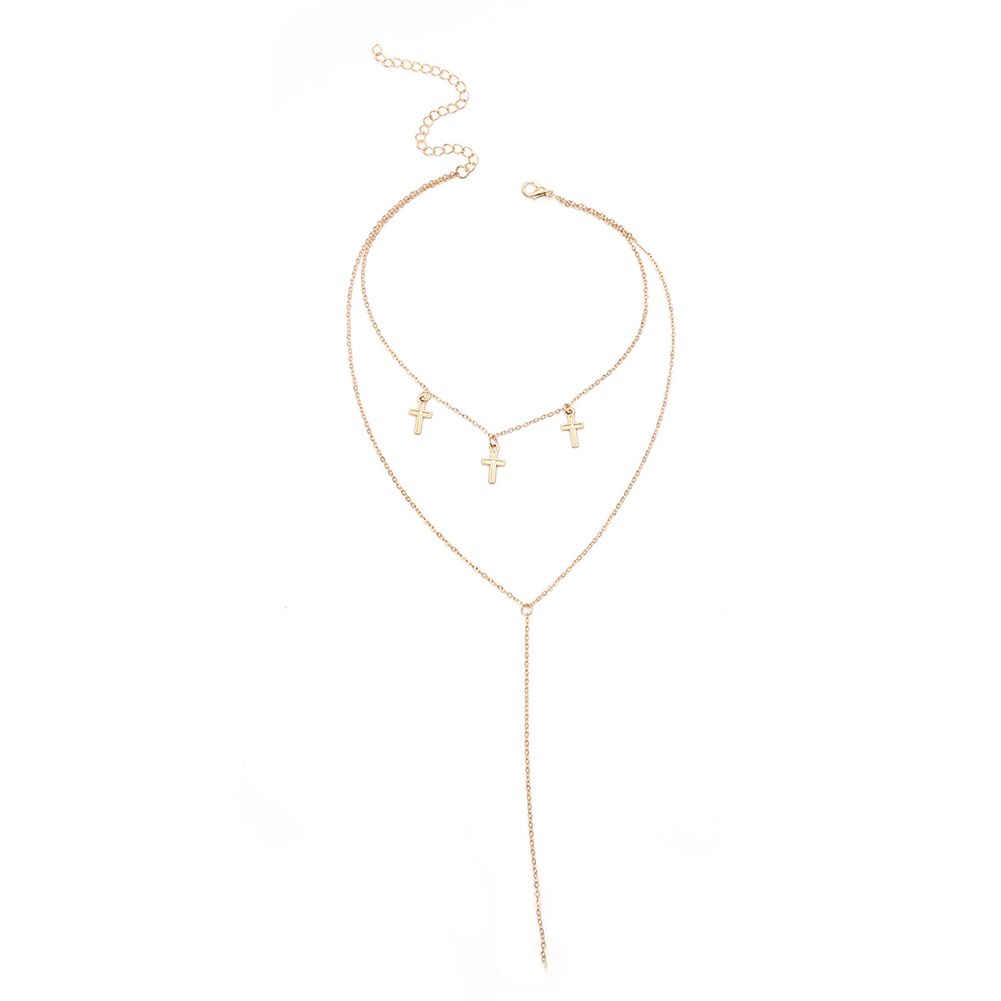 Simple Women Double Layer Cross Pendant Tassel Chain Necklace Party Jewelry Gift
