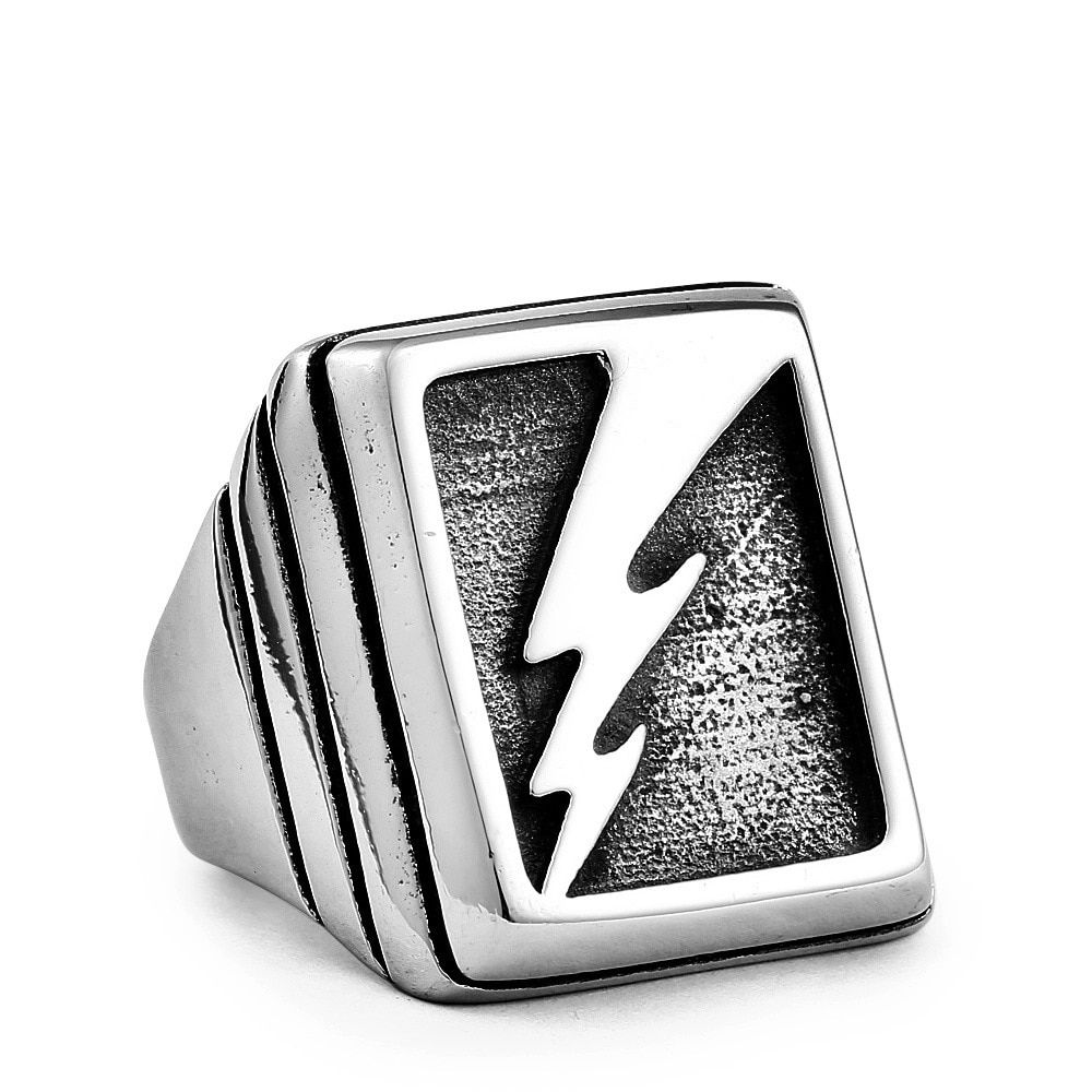 Lightning Pattern Titanium Steel Geometric Square Rings Big Wide Mens Signet Vintage Punk Ring Male Jewelry Silver Color