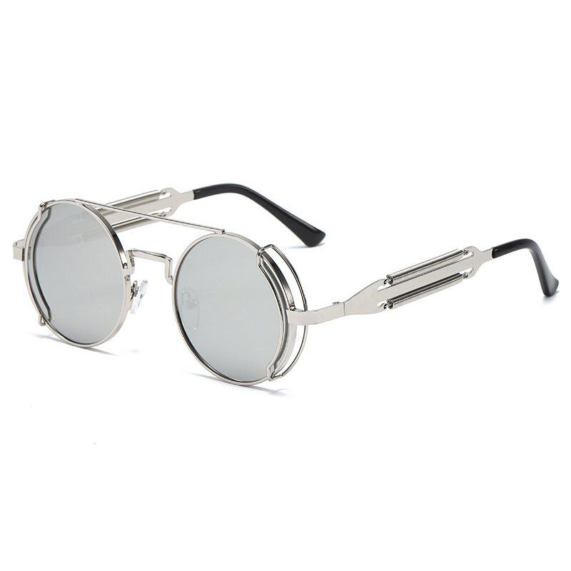 Silver mirrorSO&EI Fashion Round Steampunk Sunglasses Men Retro Metal Double Spring Eyewear Unique Women Sun Glasses Oculos De Sol UV400