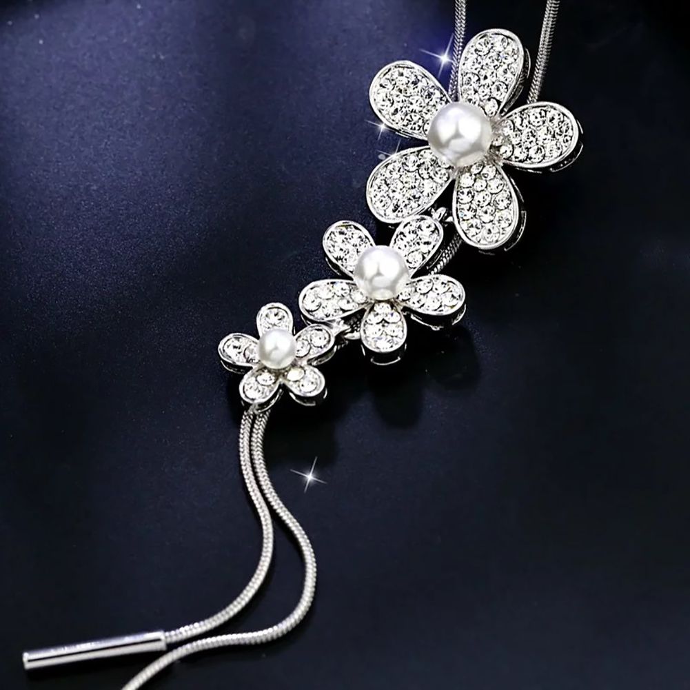 Lady Three Flowers Faux Pearl Rhinestone Pendant Tassel Sweater Necklace Jewelry