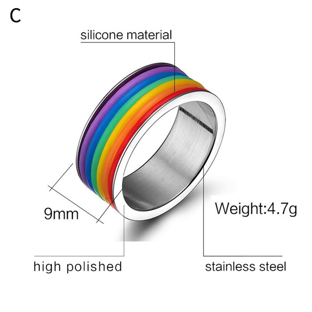 Mens Womens Rainbow Colorful LGBT Ring Stainless Steel Wedding Band Lebian & Gay Rings