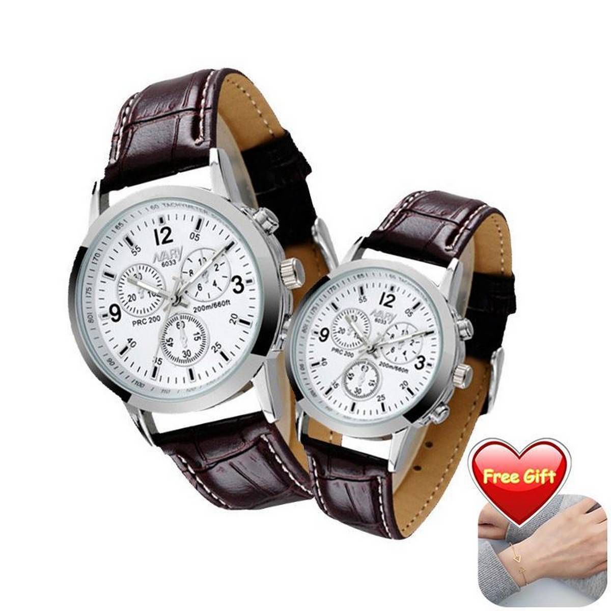 Nary 6033 Brand Watches 2Pcs Couple Quartz Leather Strap Men, Women Casual Wristwatches