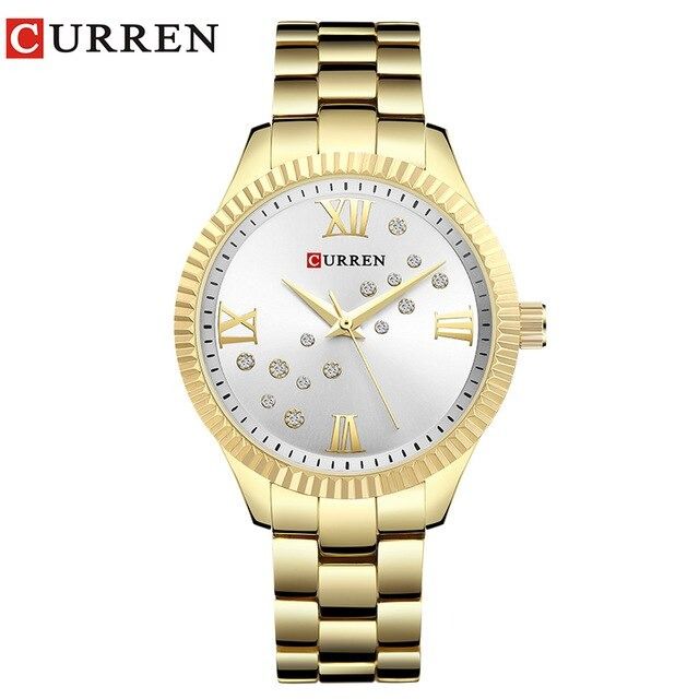 CURREN 9009 Stainless Steel Fashion Watch Analog Water Resist For Women -Golden & White