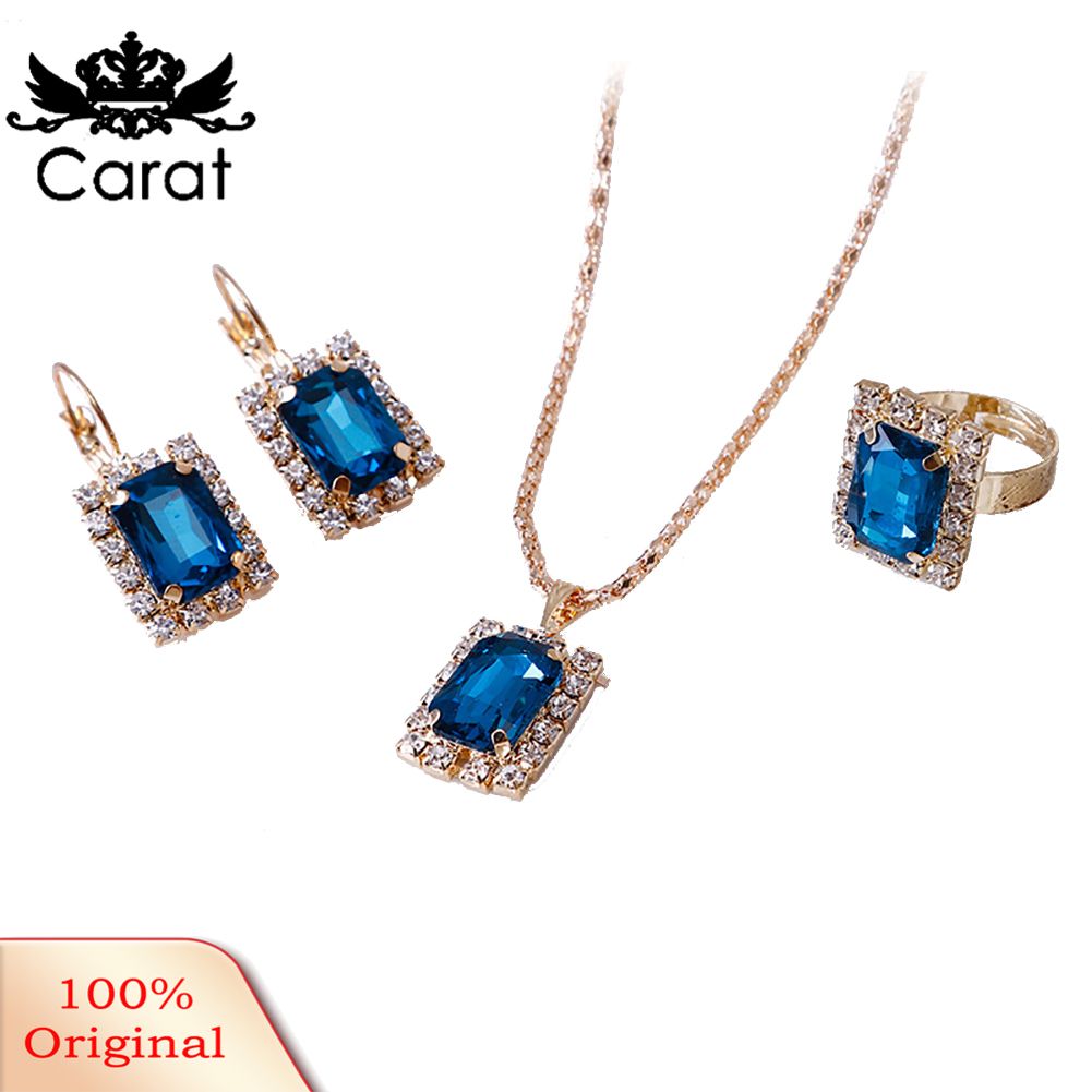 Carat Fashion Jewelry Set Women Banquet Wedding Party Necklace Earrings Finger Ring