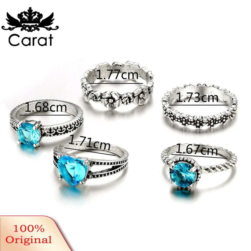 5Pcs/Set Retro Boho Hollow Flower Heart Blue Rhinestone Women Finger Rings